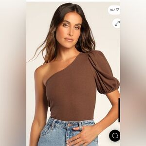 Lulu's One-Shoulder Puff Sleeve Tank Top in Brown